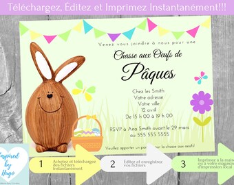 Invitation Chasse aux œufs de Pâques, Fête de Pâques, Idées Fête de Pâques, Téléchargement Instantané, Invitation en français PDF modifiable