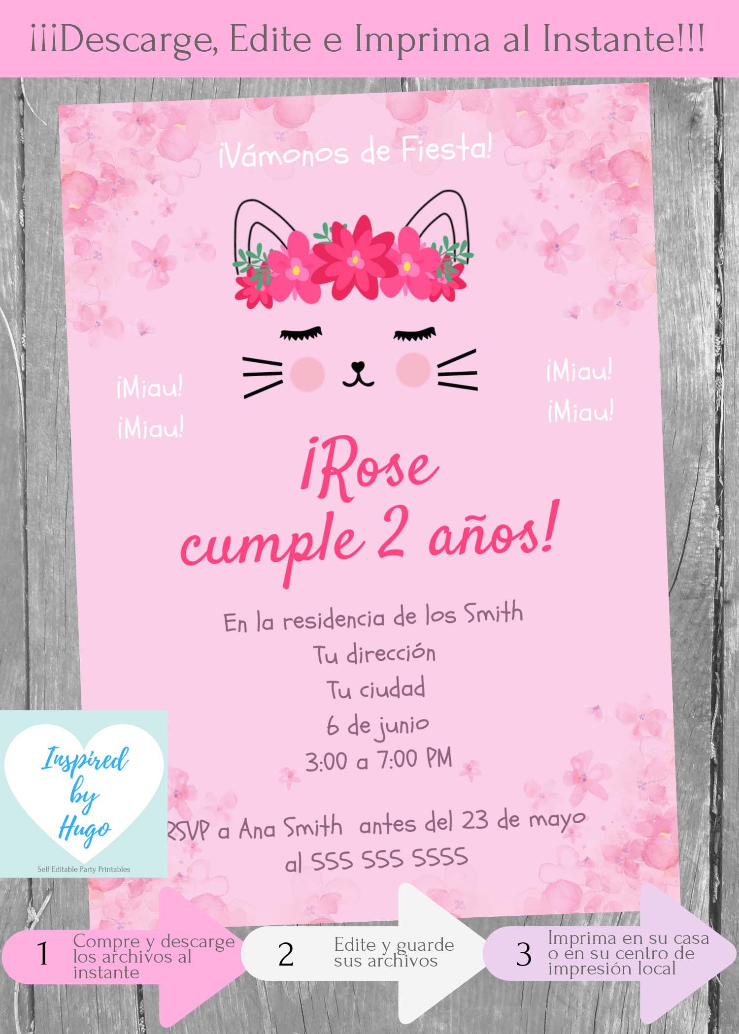 Invitación Gatita Fiesta De Cumpleaños Niña, Invitación Gata Rosa, Descarga  Instantánea, Invitación En Español Editable Para Personalizar - Etsy, image size:1500x2100