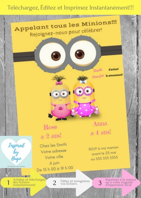 Minion Double Invitation D Anniversaire Filles Moi Moche Etsy