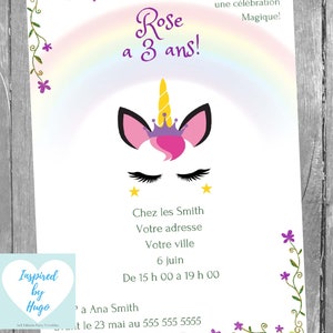Invitation Licorne fête d'anniversaire fille, Anniversaire Licorne Téléchargement Instantané Invitation en français Éditable à Personnaliser