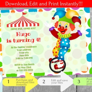 Invitación Payaso Fiesta Cumpleaños, Invitación Circo, Circus, Clown, Descarga Instantánea, Invitación en español Editable para personalizar