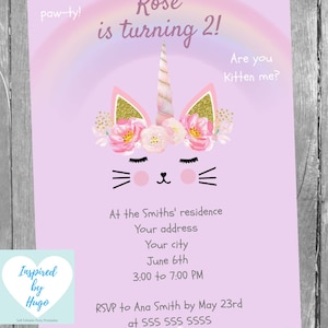 Invitation Minou Licorne fête d'anniversaire fille, Chaton, Chatte Téléchargement Instantané Invitation en français Éditable à Personnaliser