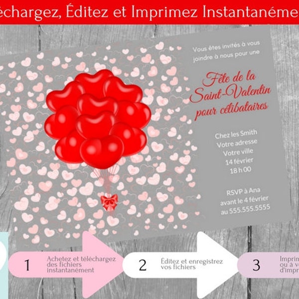 Invitation fête de la Saint Valentin pour célibataires, Idées, Téléchargement Instantané, Carte d'Invitation en français, PDF modifiable