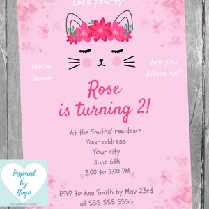 Invitation Minou fête d'anniversaire fille, Chaton, Chatte, Chat, Téléchargement Instantané, Invitation en français Éditable à Personnaliser
