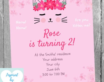 Cat Birthday Invitation, Kitten Birthday Invitation, Kitty Cat Birthday Party Invite, INSTANT DOWNLOAD, Editable Invitation to personalize