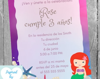 Invitación Sirena Fiesta de Cumpleaños Niña, Invitación Sirenita, Descarga Instantánea, Invitación en español Editable para personalizar