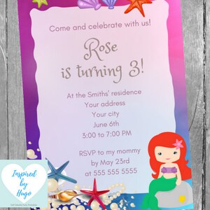 Invitation Sirène fête d'anniversaire fille, La Petite Sirène, Téléchargement Instantané, Invitation en français Éditable à Personnaliser