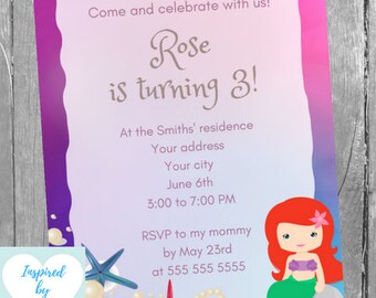 May include: A mermaid-themed birthday invitation with the text "Rose is turning 3!" and event details. The design includes starfish, seashells, and a cartoon mermaid. The invitation is available for instant download, editing, and printing.