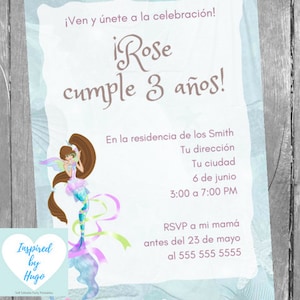 Invitación Sirena Fiesta de Cumpleaños Niña, Invitación Sirenita, Descarga Instantánea, Invitación en español Editable para personalizar
