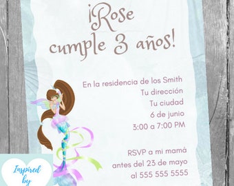 Invitación Sirena Fiesta de Cumpleaños Niña, Invitación Sirenita, Descarga Instantánea, Invitación en español Editable para personalizar