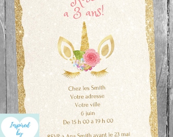 Invitation Licorne fête d'anniversaire fille, Anniversaire Licorne Téléchargement Instantané Invitation en français Éditable à Personnaliser