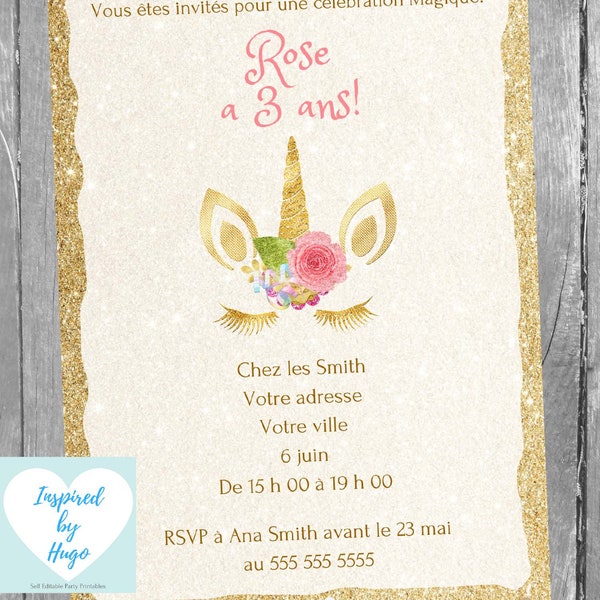 Invitation Licorne fête d'anniversaire fille, Anniversaire Licorne Téléchargement Instantané Invitation en français Éditable à Personnaliser