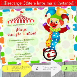 Invitation de Clown fête d'anniversaire enfants, Fête de Cirque, Téléchargement Instantané, Invitation en français Éditable à Personnaliser