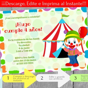 Invitation de Clown fête d'anniversaire enfants, Fête de Cirque, Téléchargement Instantané, Invitation en français Éditable à Personnaliser