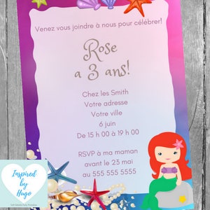 Invitation Sirène fête d'anniversaire fille, La Petite Sirène, Téléchargement Instantané, Invitation en français Éditable à Personnaliser