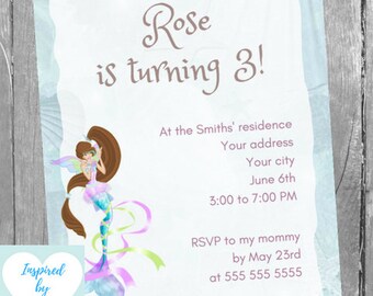 May include: Editable printable birthday invitation featuring a mermaid illustration with a light blue, purple, and green color scheme. The text reads "Come and celebrate with us! Rose is turning 3!" and includes details about the party, such as the date, time, and RSVP information.