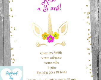 Invitation Licorne fête d'anniversaire fille, Anniversaire Licorne Téléchargement Instantané Invitation en français Éditable à Personnaliser