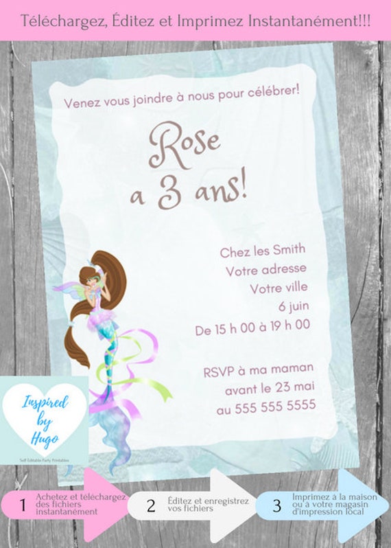 Invitation Sirène fête d'anniversaire fille, La Petite Sirène,  Téléchargement Instantané, Invitation en français Éditable à Personnaliser