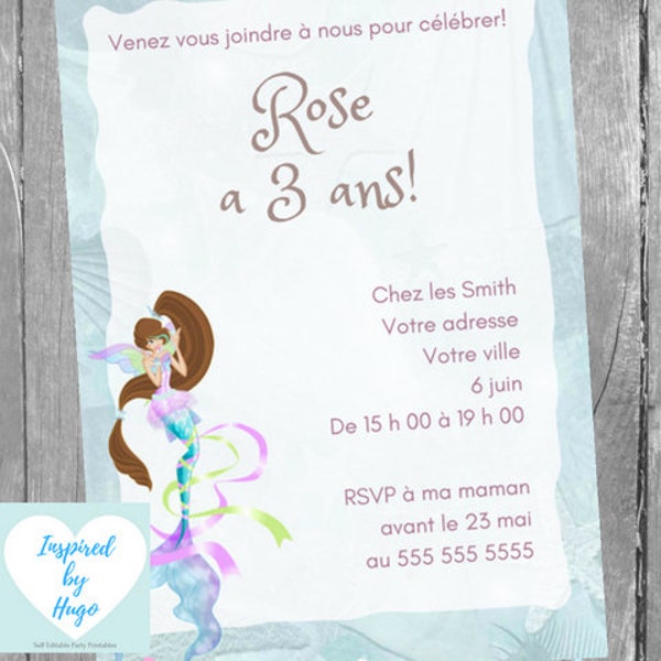 Invitation Sirène fête d'anniversaire fille, La Petite Sirène, Téléchargement Instantané, Invitation en français Éditable à Personnaliser