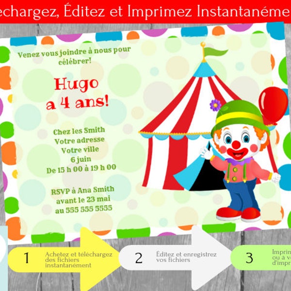 Invitation de Clown fête d'anniversaire enfants, Fête de Cirque, Téléchargement Instantané, Invitation en français Éditable à Personnaliser