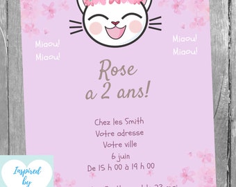 Invitation Minou fête d'anniversaire fille, Chaton, Chatte, Chat, Téléchargement Instantané, Invitation en français Éditable à Personnaliser