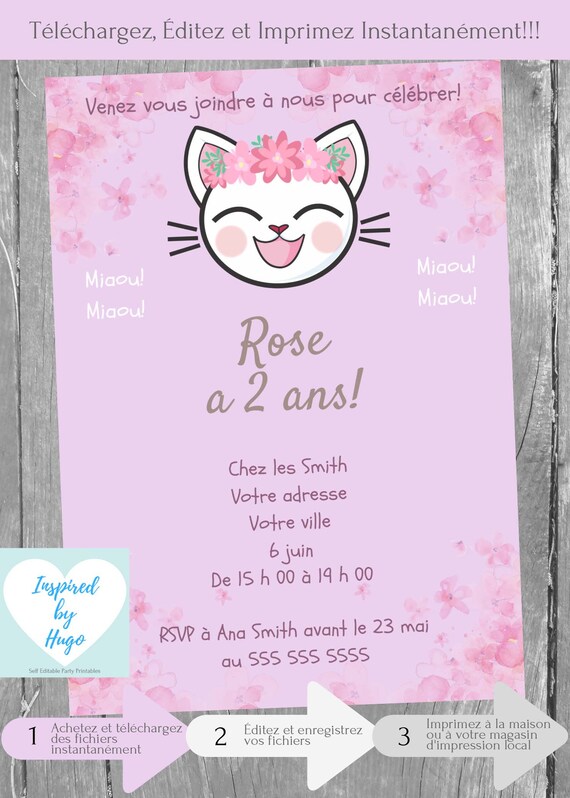 Invitation Minou Fete D Anniversaire Fille Chaton Etsy
