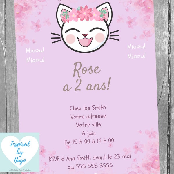 Invitation Minou fête d'anniversaire fille, Chaton, Chatte, Chat, Téléchargement Instantané, Invitation en français Éditable à Personnaliser