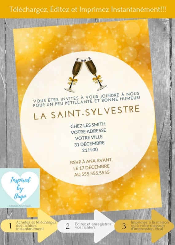 Invitation Saint Sylvestre, Party Nouvel An, La veille du jour de l’An,  famille, Téléchargement Instantané Carte en français PDF modifiable