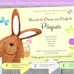 Invitation Brunch et Chasse aux œufs de Pâques, Idées Fête de Pâques Téléchargement Instantané Carte d'Invitation en français PDF modifiable