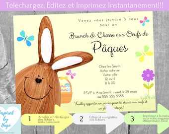 Invitation Brunch et Chasse aux œufs de Pâques, Idées Fête de Pâques Téléchargement Instantané Carte d'Invitation en français PDF modifiable