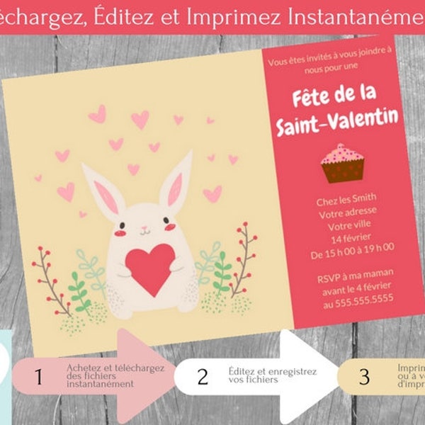 Invitation fête des enfants Saint-Valentin, La Saint Valentin, Téléchargement Instantané, Carte d'Invitation en français, PDF modifiable