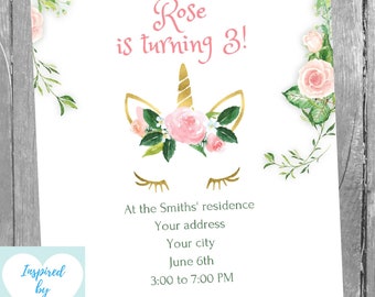 Unicorn Birthday Invitation, Roses Unicorn Birthday Invitation, Magical Unicorn Invite, INSTANT DOWNLOAD, Editable Invitation to personalize