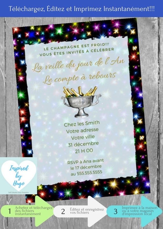 Invitation de la Veille du jour de l’An, Saint Sylvestre, Party Nouvel An  famille Téléchargement Instantané Carte en français PDF modifiable