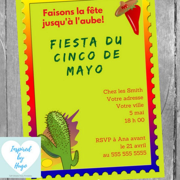 Invitation Fête Cinco de Mayo, Invitation Mexicaine, Cinco de Mayo, Idées de fête Téléchargement Instantané Carte en français PDF modifiable