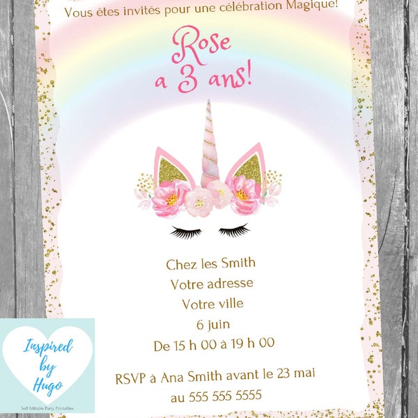 Invitation Licorne fête d'anniversaire fille, Anniversaire Licorne Téléchargement Instantané Invitation en français Éditable à Personnaliser