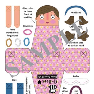 May include: A printable paper craft doll template for a woman with a pink dress, brown hair, and a headband. The template includes instructions for assembling the doll, as well as accessories such as a purse, bracelets, and hair tabs. The template also includes the text "Q-Bees Cubee Paper Crafts".