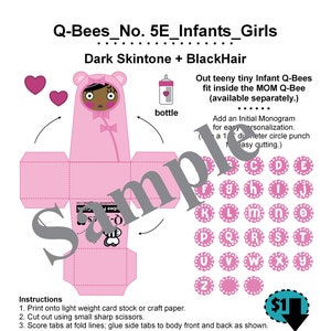 Creazioni di carta Cubee personalizzate_No. 5 Q-Bee INFANT_Neonata_Capelli scuri + NERI_Bambole di carta ARTE_Bambole di carta_Giocattoli di carta_Download digitale_PDF