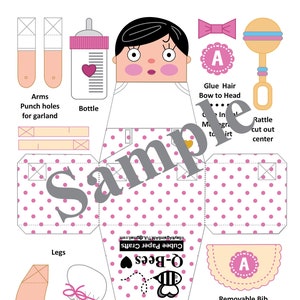 May include: A printable paper craft doll template for a baby girl. The doll is wearing a pink and white polka dot dress and has a removable bib. The template includes instructions for assembling the doll and adding a monogram to the bib. The template is titled "Q-Bees Cubee Paper Crafts" and has the number "5C_L + BK" printed on it.