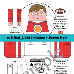 May include: Printable paper craft of a football player with red and white jersey, brown hair, and light skin tone. The player is wearing blue socks and red shoes with white laces. The craft includes instructions to personalize the jersey with a team letter or mascot. The craft is labeled "10B Red_Light Skintone + Brown Hair" and "No. 10B-R_Lt/Br".