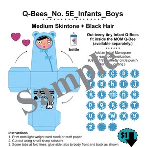 Creazioni di carta Cubee personalizzate_No. 5 Q-Bee INFANT_Neonato_Medio + Capelli NERI_Bambole di carta ARTE_Bambole di carta_Giocattoli di carta_Download digitale_PDF