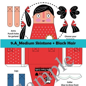 May include: Printable paper doll craft template featuring a girl with black hair and a red dress with white polka dots. The template includes instructions for assembling the doll and adding details like a collar and flower.