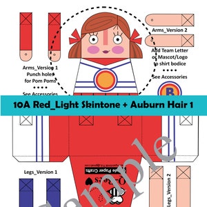 May include: Paper craft doll template for a cheerleader with red hair, a red and white uniform, and a red skirt. The template includes instructions for adding a team letter or mascot logo to the shirt bodice. The template is labeled "10A Red_Light Skintone + Auburn Hair 1".