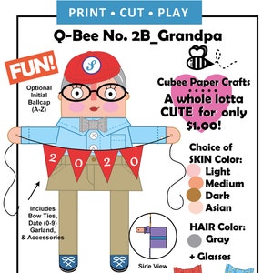 May include: A printable paper craft of a cartoon grandpa with a red ballcap, blue shirt, and brown pants. The craft includes a banner that says "2020". The image also includes a side view of the craft and a list of customization options, including skin and hair color, and glasses.