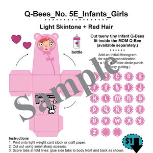 Creazioni di carta Cubee personalizzate_No. 5 Q-Bee INFANT_Neonata_Luce + Capelli ROSSI_Bambole di carta ARTE_Bambole di carta_Giocattoli di carta_Download digitale_PDF