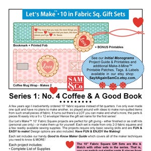 Op de afbeelding: Promotionele afbeelding voor "Let's Make" stoffen vierkante cadeau sets. De afbeelding toont een bladwijzer, een koffiemok wrap en hartmotieven. Tekst bevat "Serie 1: No. 4 Coffee & A Good Book" en Etsy shop informatie.