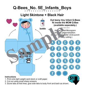 Creazioni di carta Cubee personalizzate_No. 5 Q-Bee INFANT_Neonato_Chiaro + Capelli NERI_Bambole di carta ARTE_Bambole di carta_Giocattoli di carta_Download digitale_PDF
