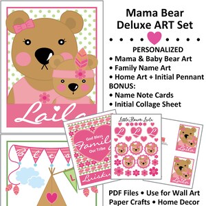 Trabajo de arte PERSONALIZADO_Baby Bear_Baby Girl_DELUXE SET + Tarjetas de notas y Clip Art_Little Flower_Tribe + Animal Theme Nursery Art_Digital Art_PDF