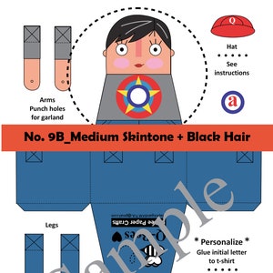 May include: A printable paper craft doll template for a boy with black hair, medium skin tone, and a blue shirt. The template includes instructions for personalizing the doll with a letter and hat.