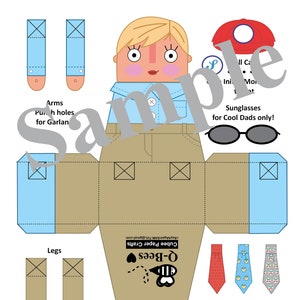 May include: A printable paper craft template for a cartoon character. The character is a person with blonde hair, a blue shirt, brown pants, and a red hat. The template includes instructions for assembling the character, as well as a list of materials needed. The template is titled "Q-Bees Cubee Paper Crafts".