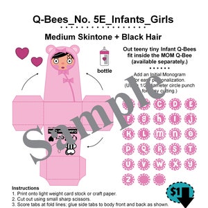 Creazioni di carta Cubee personalizzate_No. 5 Q-Bee INFANT_Neonata_Medio + Capelli NERI_Bambole di carta ARTE_Bambole di carta_Giocattoli di carta_Download digitale_PDF